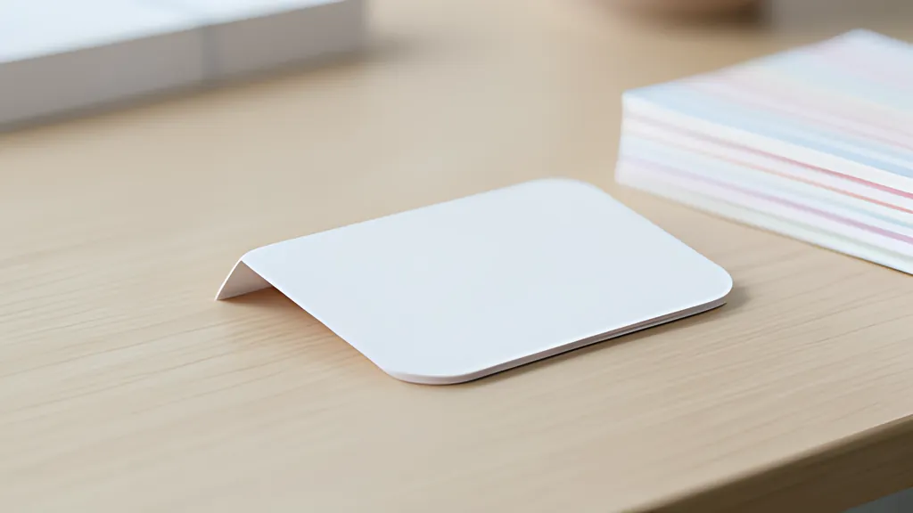 A blank rounded white card folded like a small tent on a pale wooden desk, beside a stack of paper strips edged in soft pastel stripes