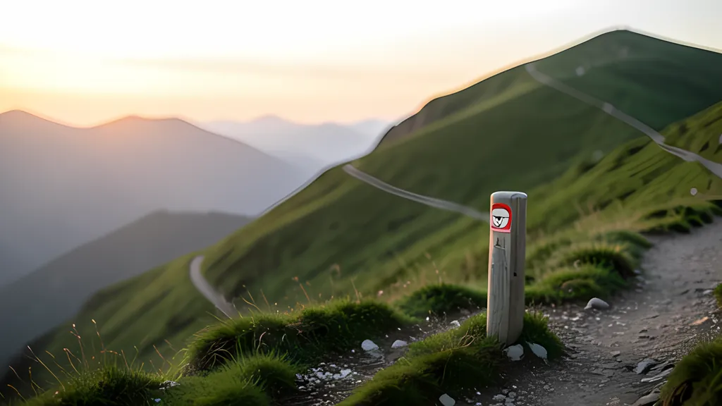 A trail marker post beside a gravel path that winds along a grassy mountain ridge at sunrise, with hazy peaks in the distance