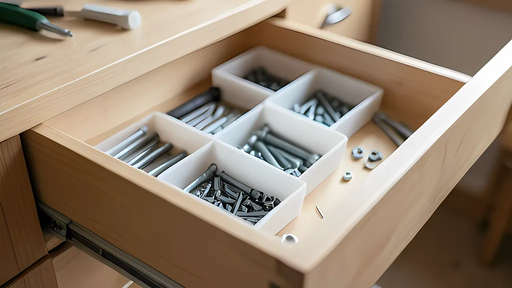 An open wooden workshop drawer holding five white plastic bins filled with screws and bolts, with a few loose washers beside them