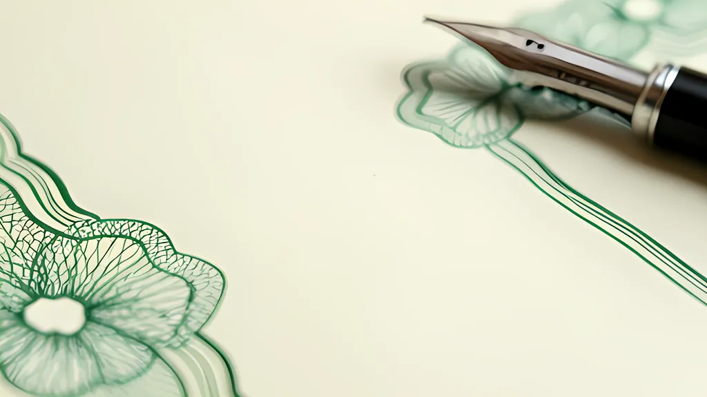 Close view of a certificate border printed in fine green interlaced lines, with rosettes and wave bands on cream paper and a fountain pen lying beside it.