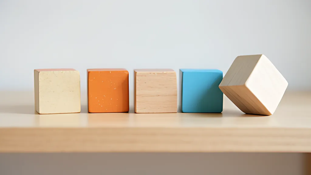 Five wooden blocks in a row on a pale shelf, one painted orange and one blue, with the block at the right end tipped onto its corner.