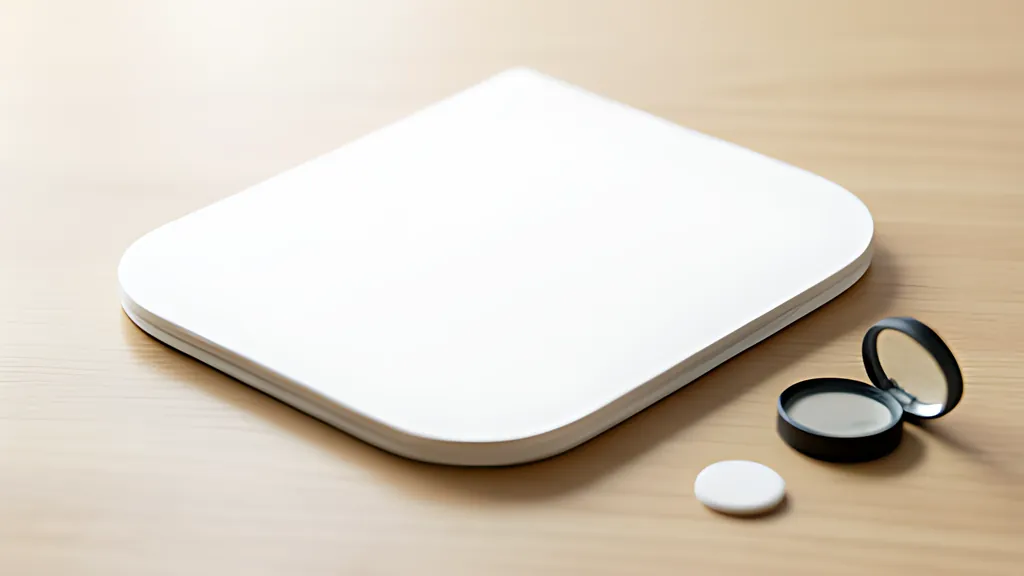 A blank rounded folder on a desk beside a small rounded magnifier and a soft strip of blank rounded tiles in cyan and amber.