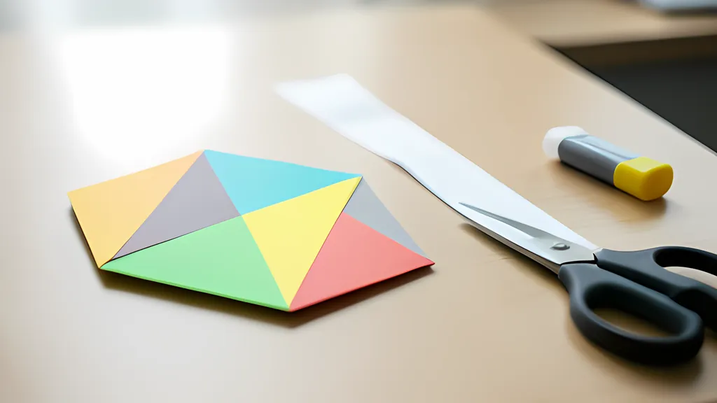 A brightly colored paper hexagon made of triangles on a desk beside a long folded strip of paper triangles, a pair of scissors and a glue stick