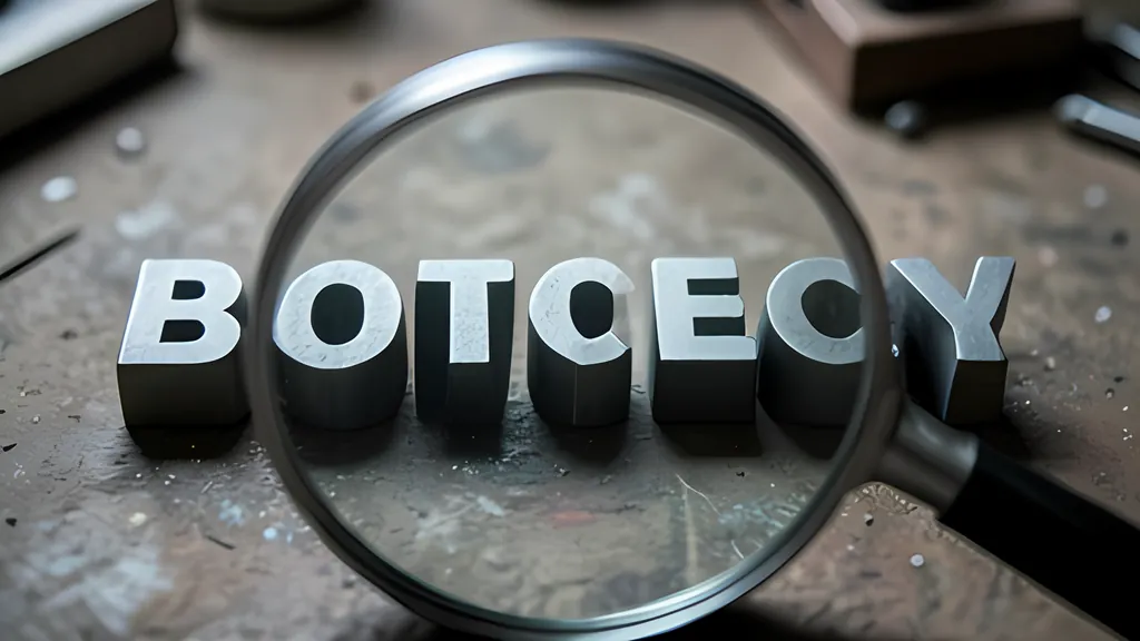 A row of metal block letters on a worn workbench, seen through a magnifying glass that enlarges the letters in the middle of the word.