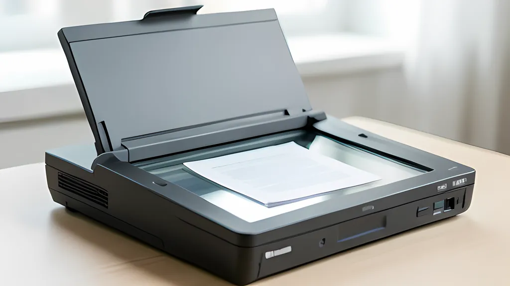 A dark gray flatbed scanner on a pale desk with its lid raised and a typed page lying slightly crooked on the glass, soft daylight behind