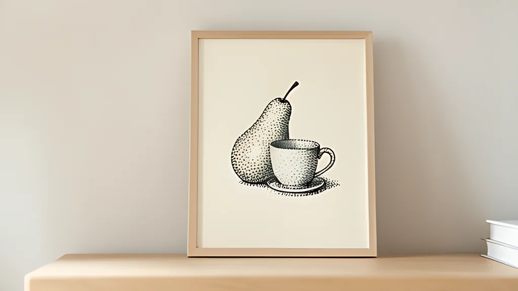 A framed print of a pear and a cup made of fine black dots on cream paper, leaning on a shelf in soft light.