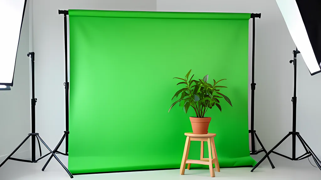 A small studio corner with a bright green fabric backdrop on a stand, a potted plant on a stool in front of it, and soft lights on tripods.