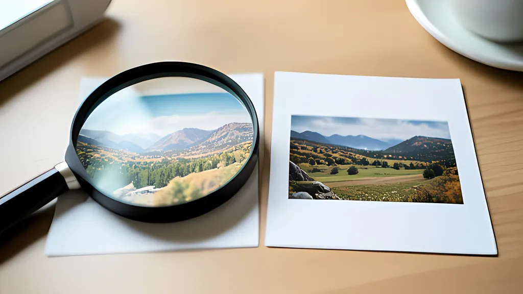 Two printed photographs of the same landscape lying side by side on a wooden desk under a magnifying glass, with no people in view