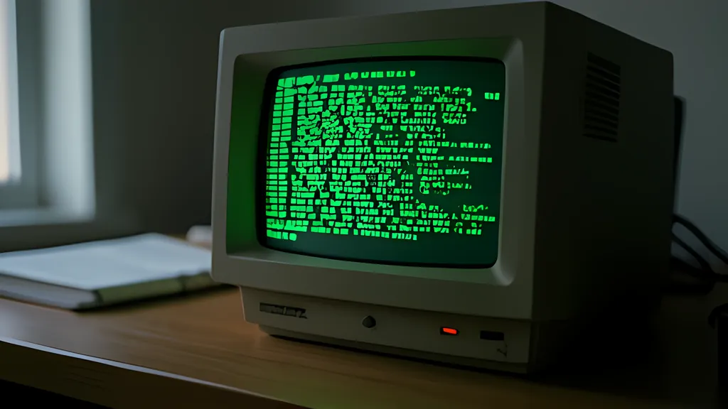 A beige retro computer terminal on a wooden desk in a dim room, its dark screen filled with rows of glowing green text characters