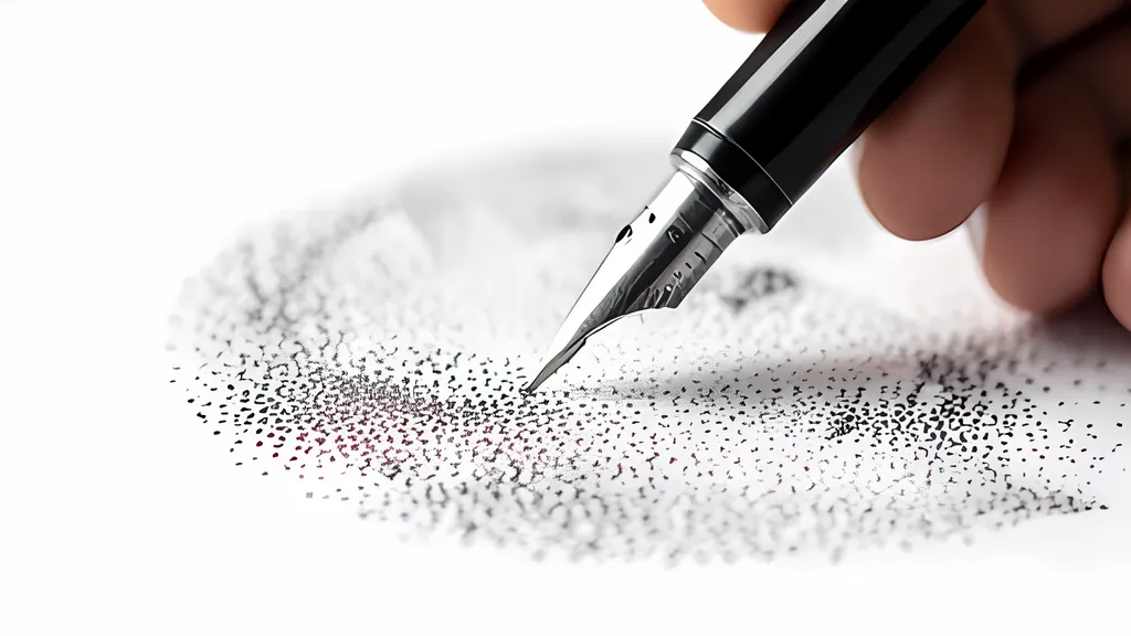 A hand holding a black fountain pen with its nib on white paper covered in a cloud of small black ink dots