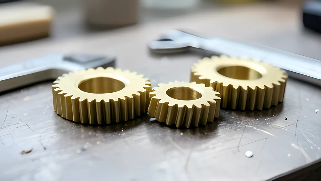Three brass spur gears lying side by side on a scratched steel bench plate, with two wrenches out of focus behind them