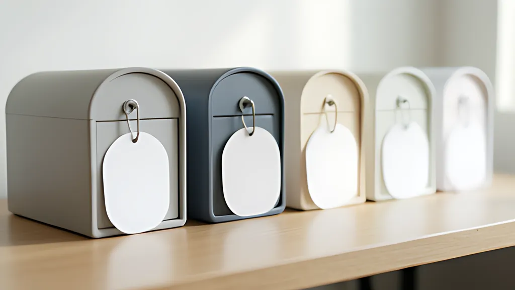A row of small rounded teal mailboxes stands on a pale desk, each with a blank rounded tag hanging from its front.