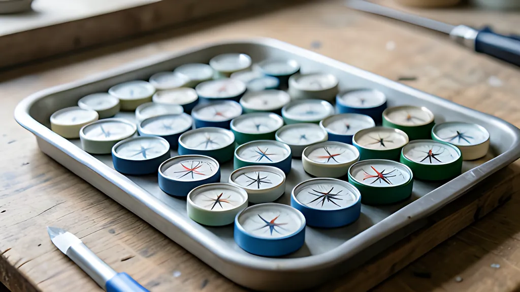 A metal tray of small round compasses in blue, green and cream cases, lined up in rows on a worn wooden workbench in soft daylight.