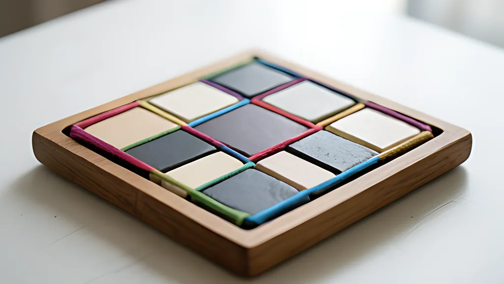 A square wooden tray of sixteen small light and dark tiles with loops of coloured cord laid around neighbouring groups, in soft daylight.