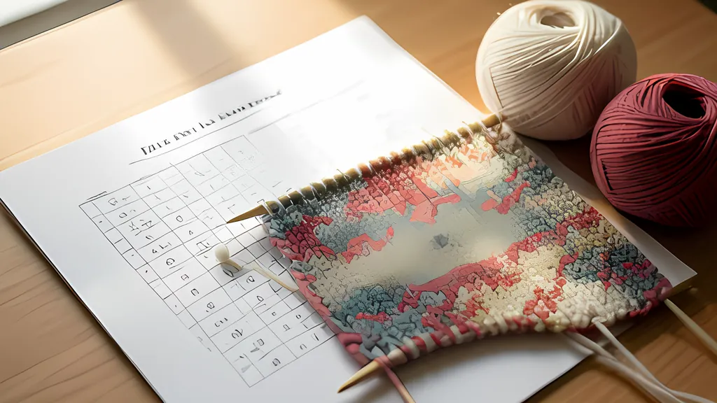 A knitting chart printed on paper beside a half-finished colorwork swatch on needles and two balls of yarn in warm afternoon light.