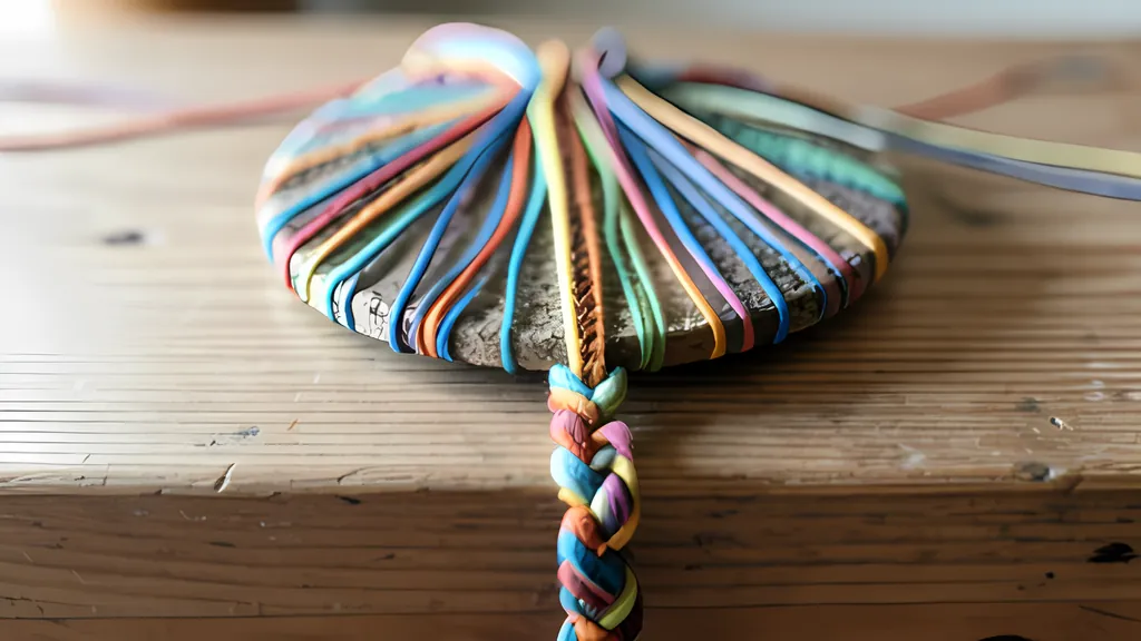 A round braiding disk with colored cords fanned across it and a finished spiral-striped braid hanging below, on a wooden table.