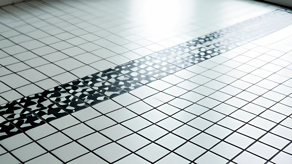 A floor of small white square tiles seen at a low angle, crossed by one diagonal band of black and white patterned tiles running toward the far corner.
