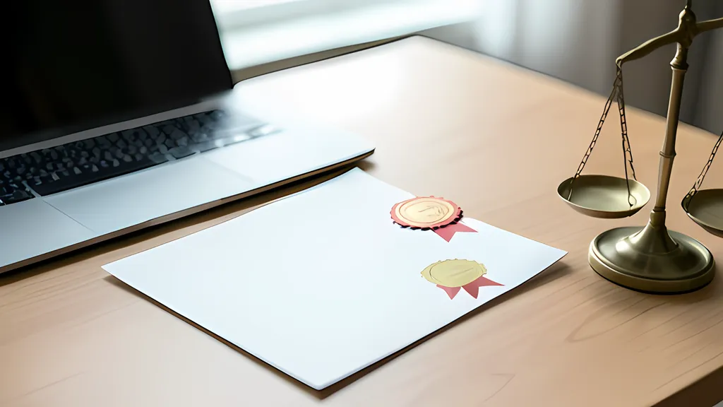 A sheet of white paper with two ribbon seals lying on a wooden desk between an open laptop and a small brass balance scale.