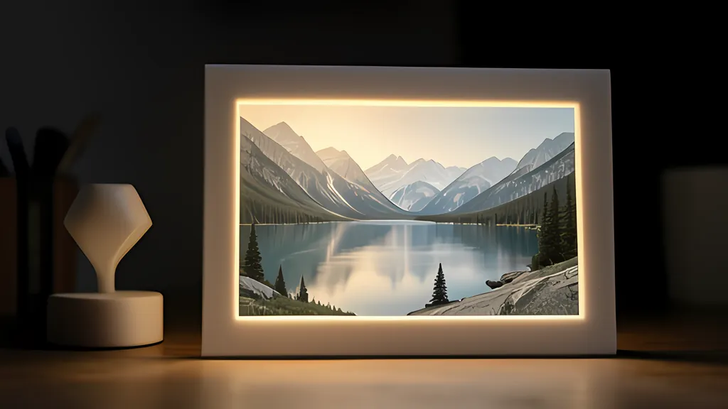 A white framed panel showing a mountain lake, glowing on a dark wooden table beside a small lit lamp