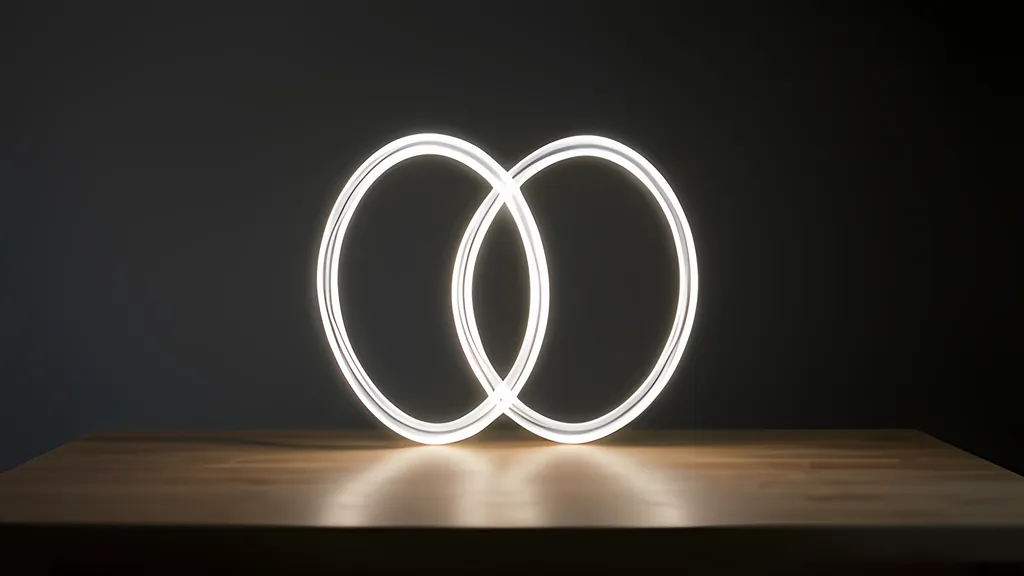 Two glowing white loops of light overlapping like a pair of linked rings, standing on a wooden desk in a dark room, their glow reflected on the wood