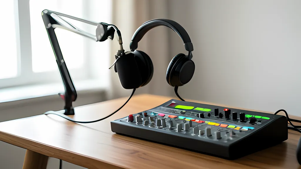 A wooden desk by a bright window with a boom arm, black closed-back headphones hanging from it, and a small audio mixer whose level lights glow green and orange.