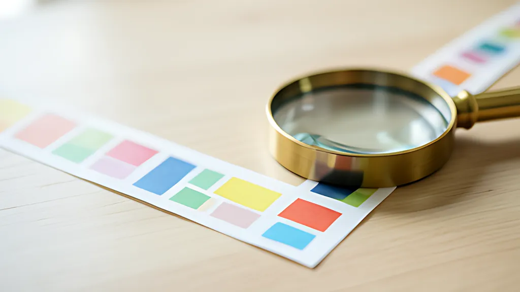 A long paper tape with a repeating pattern of coloured squares runs under a brass magnifying frame on a desk in soft daylight.