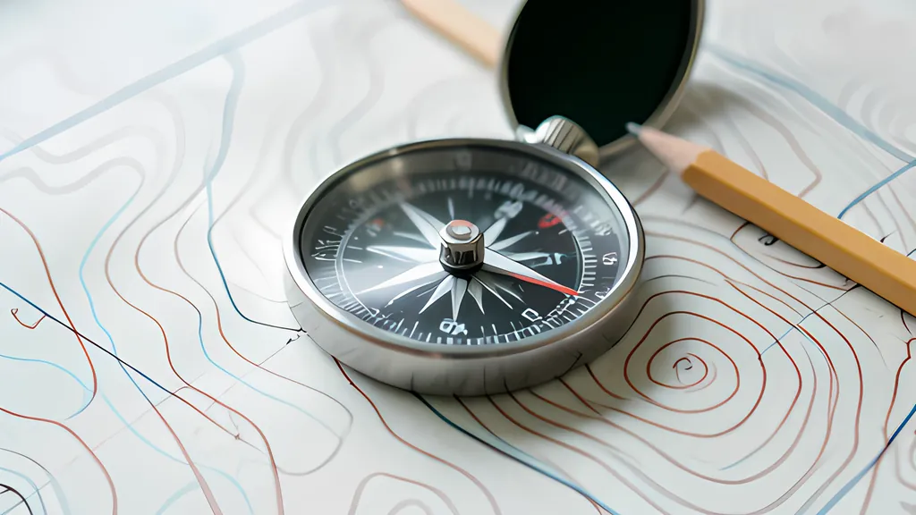 A clear baseplate compass with a red needle resting on a topographic map with brown contour lines, a pencil lying beside it in soft daylight