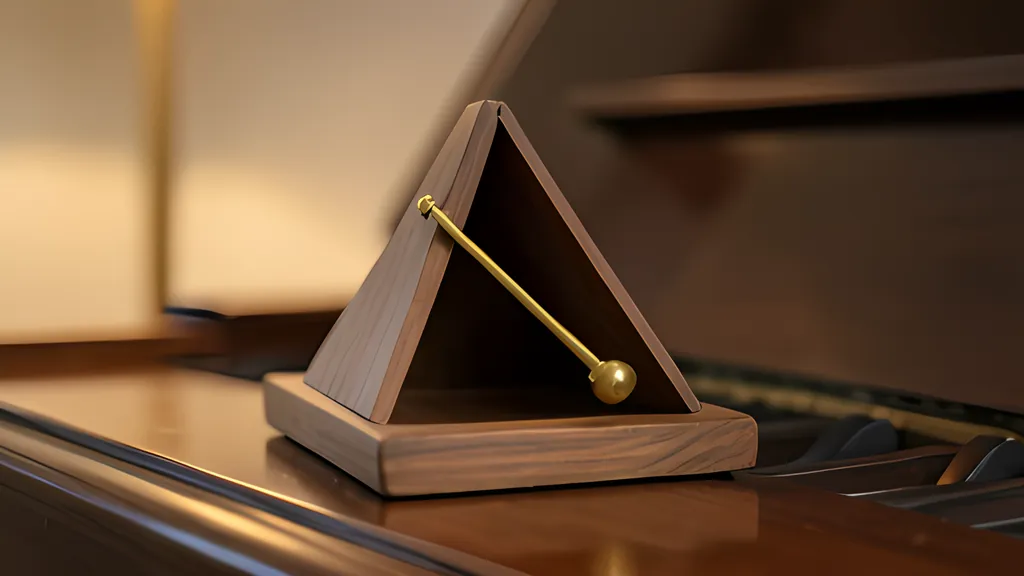 A small walnut pyramid metronome with a brass pendulum rod and round weight leaning to one side, standing on a piano lid in warm lamp light.