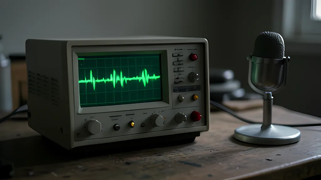 A cream bench oscilloscope with a glowing green trace on its screen sits on a worn wooden bench beside a silver microphone on a stand, in dim light.