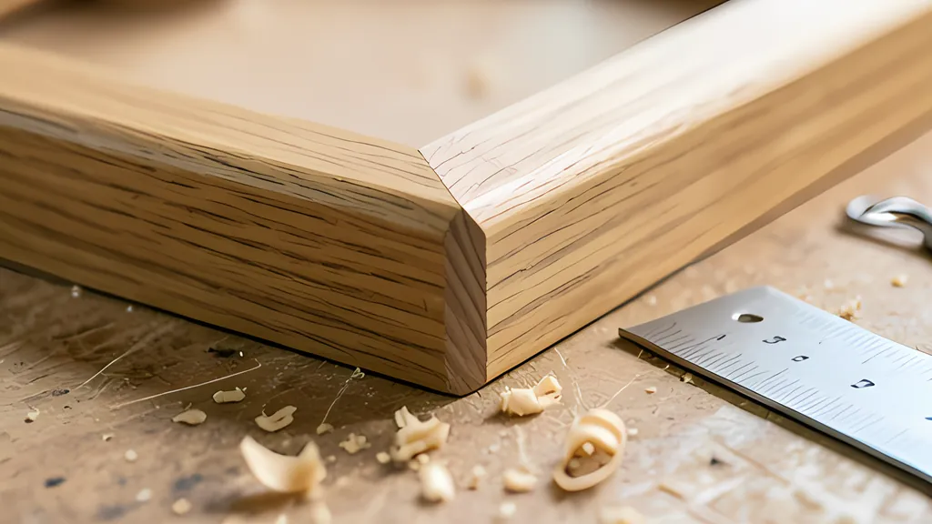 Two oak boards meeting in a tight mitered corner on a workbench, with a steel rule and curled wood shavings beside the joint.