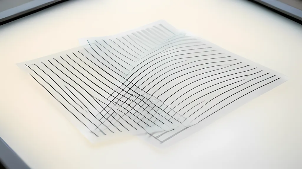 Two sheets of clear film printed with fine black lines, overlapping at a slight angle on a glowing light table, with broad curved bands where they cross.