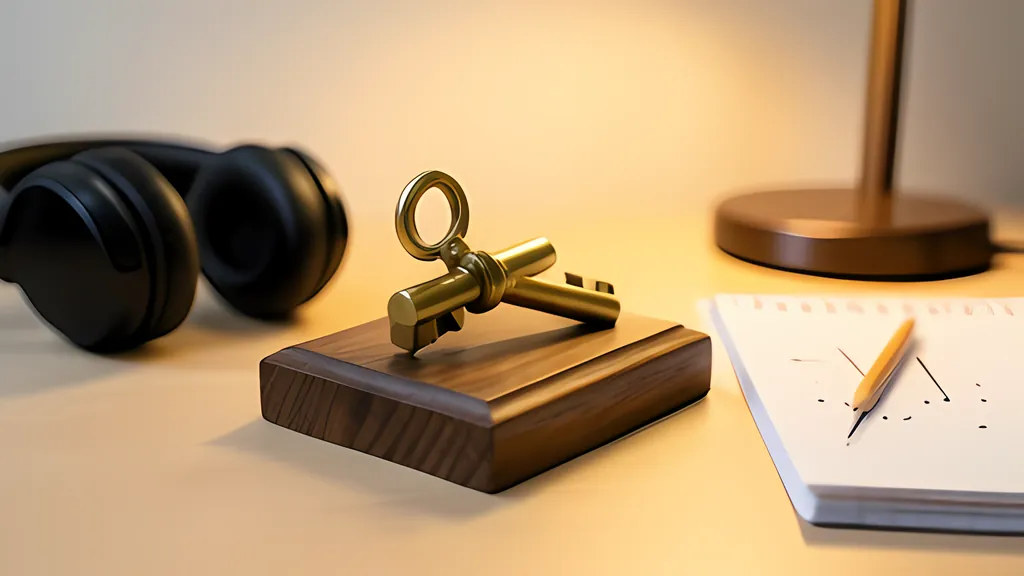 A brass telegraph key on a wooden base on a desk beside headphones and a notepad with pencil dashes and dots, in warm lamp light.