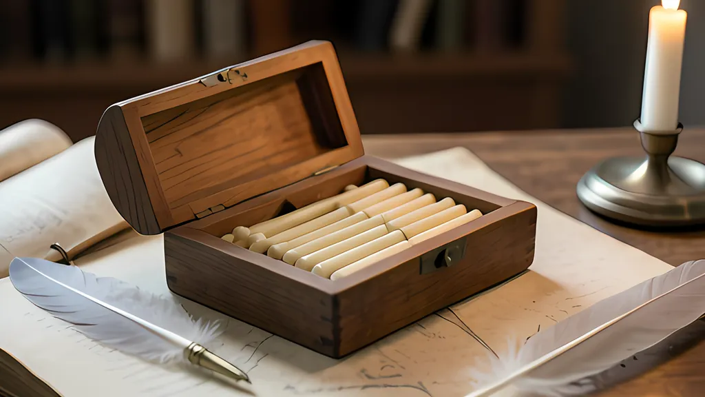 A set of antique ivory calculating rods in a wooden box with a hinged lid on a scholar's desk beside a quill in warm candle light