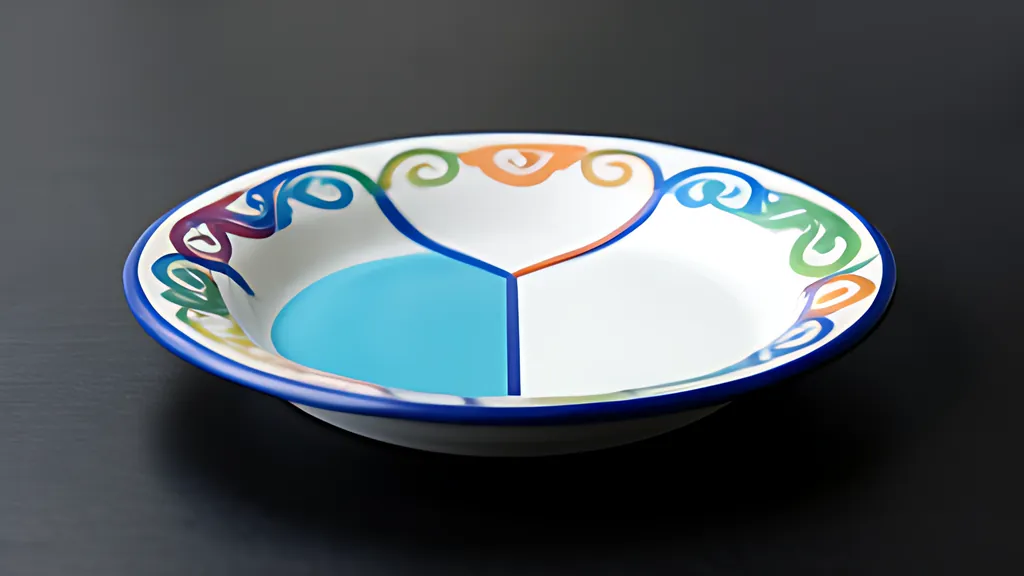 A round white enamel dish with a blue rim on a dark table, its bowl divided into colored regions by lines that end in curled, interlocking scrolls.
