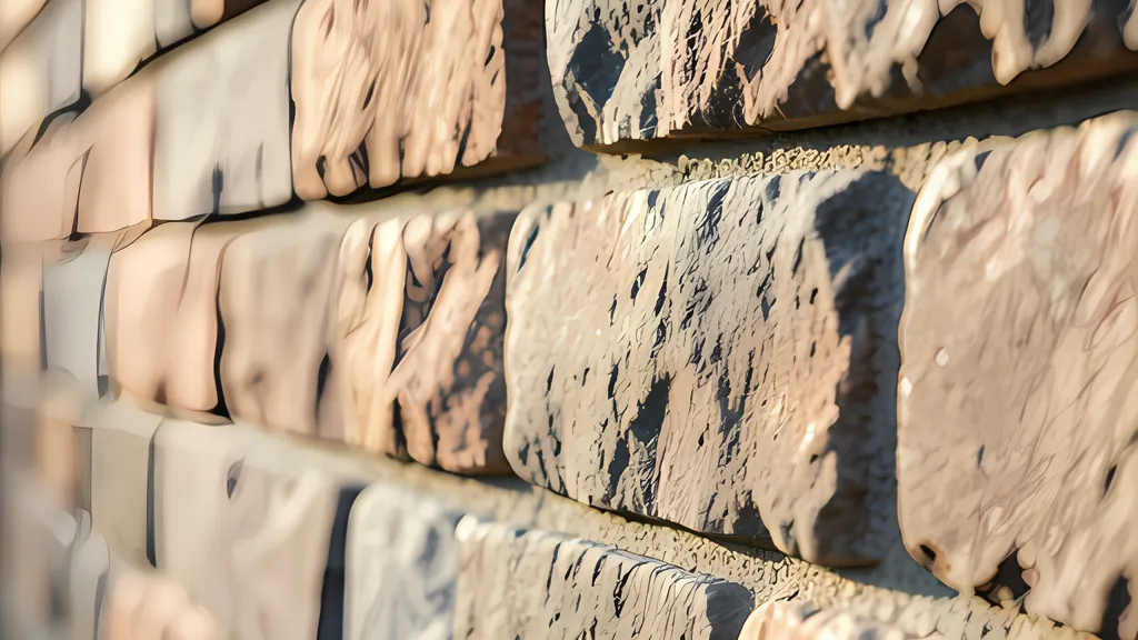 A close view along a wall of rough stone blocks in low side light, every chip and mortar joint picked out by its own small shadow