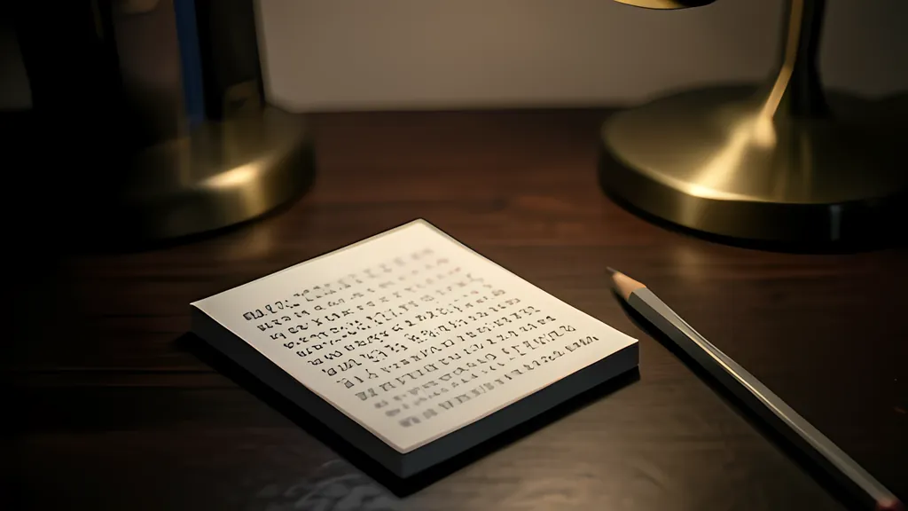 A small paper pad printed with rows of grouped characters on a dark wooden desk, beside a pencil and the base of a brass desk lamp, in warm low light.