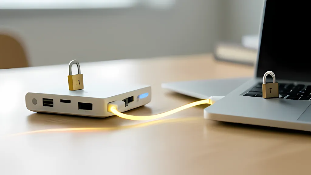 A small white network box and a laptop on a wooden desk, joined by a glowing yellow cable, with a brass padlock resting on each of them