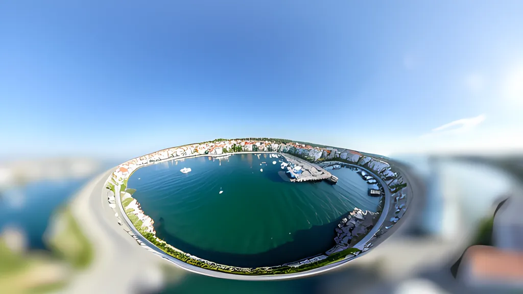 A harbor town photographed in the round and wrapped into a tiny planet, the water at its center and blue sky filling the rest of the frame