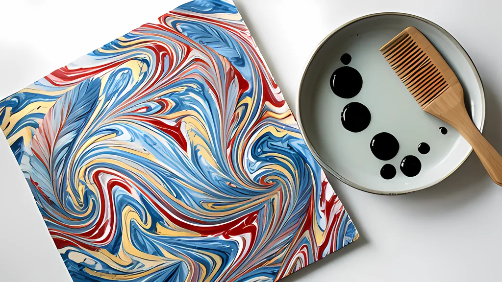 A sheet of marbled paper with feathered swirls of blue, red and gold beside a round dish of water holding black ink drops and a wooden comb, seen from above.