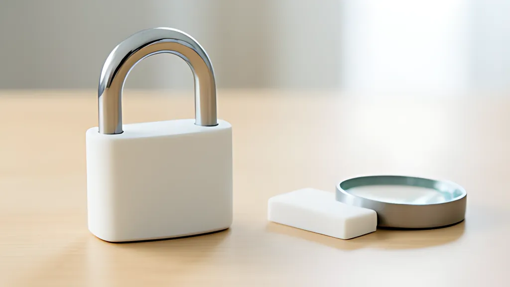 A white rounded padlock with a steel shackle on a pale wooden desk beside a small white tile and a round magnifier lens.
