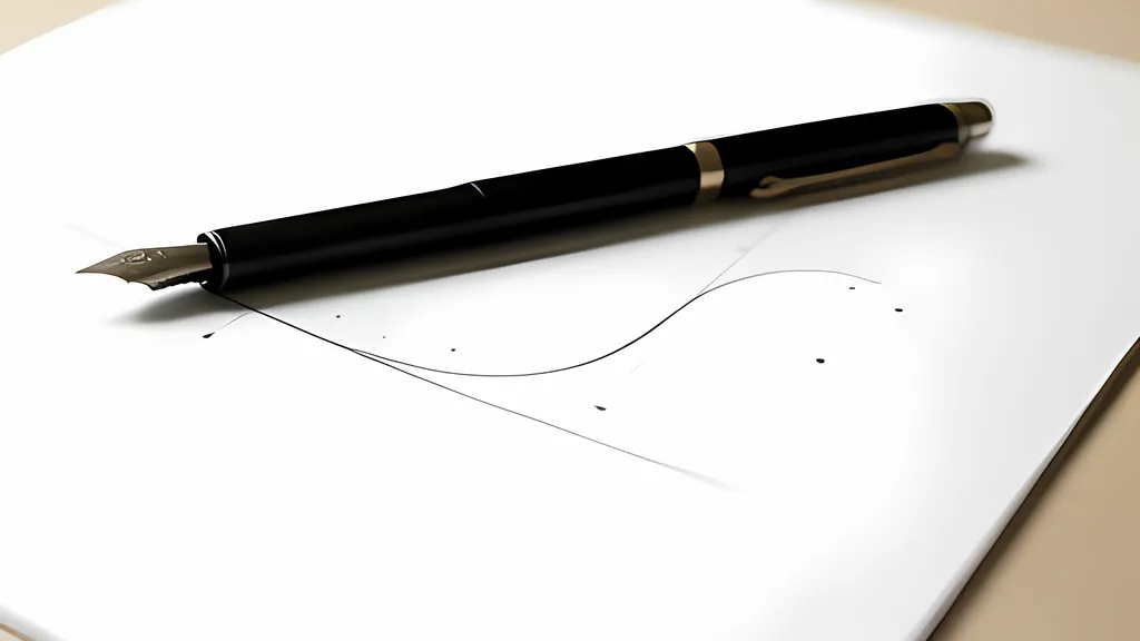 A black fountain pen lying on white paper beside a thin drawn curve and a few small ink dots, in soft studio light.