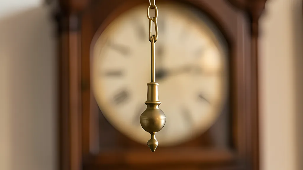 A brass pendulum bob on a thin rod hanging in front of an antique wooden clock case that is out of focus, lit by warm light from one side