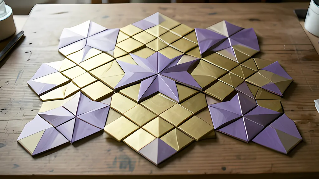 A wooden table holding a mosaic of folded gold and violet diamond-shaped pieces arranged in star rosettes, a decorative pattern rather than a mathematical tiling.