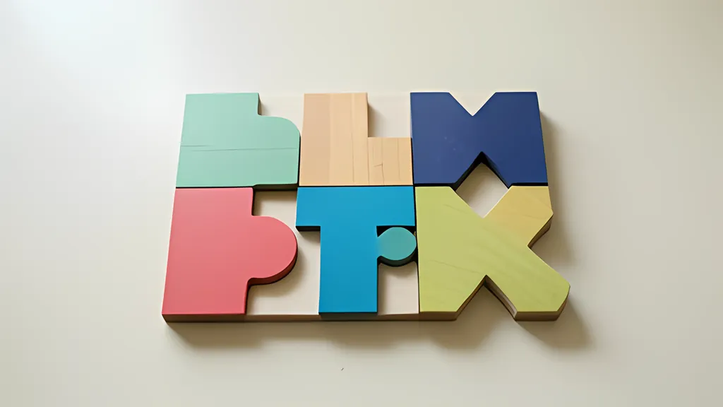 Flat painted wooden puzzle pieces in green, tan, blue, red, teal and yellow fitted together into a rectangle on a pale table, seen from above.