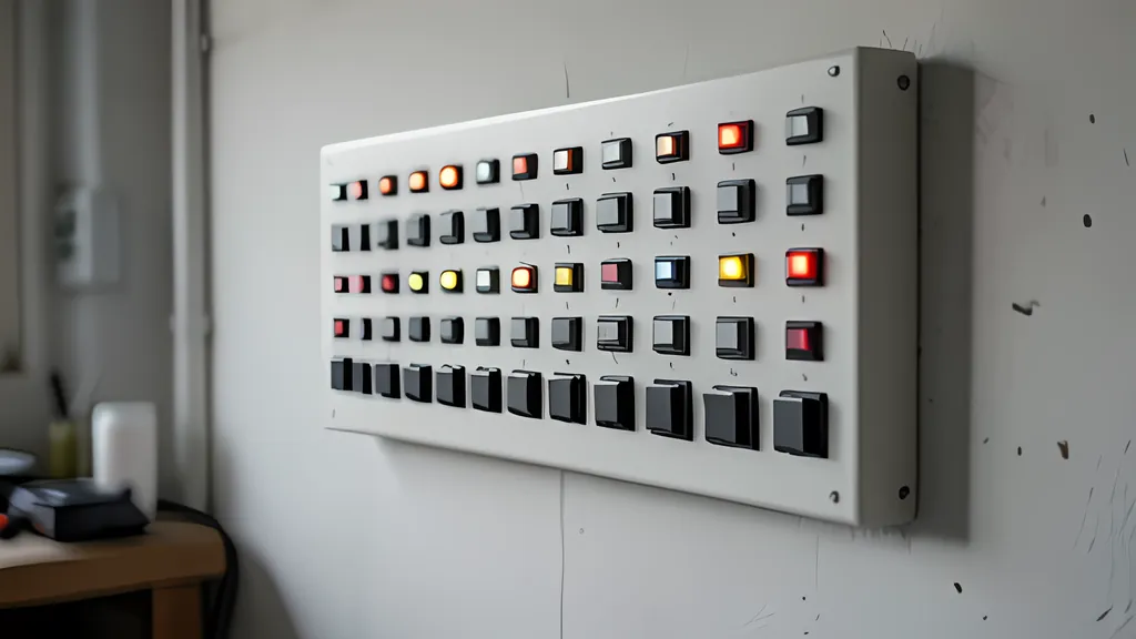 A wall-mounted panel of rows of unlabelled toggle switches with small indicator lamps, some of them lit, in a workshop.