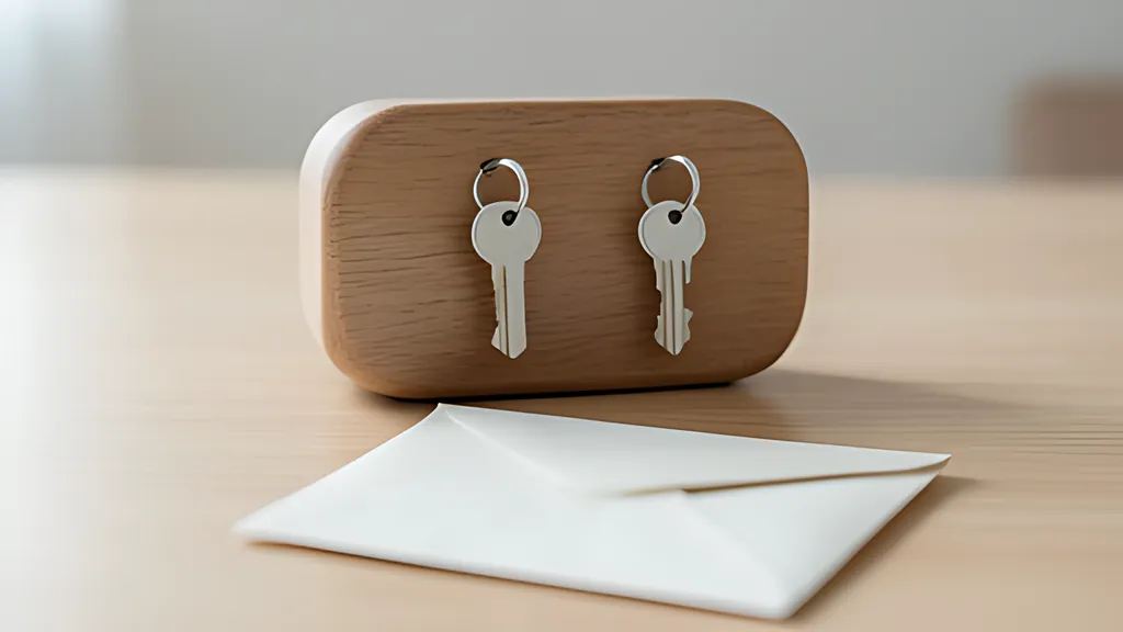 A small rounded wooden key rack stands on a pale desk with two silver keys hanging from rings, and a plain white envelope lies in front of it.