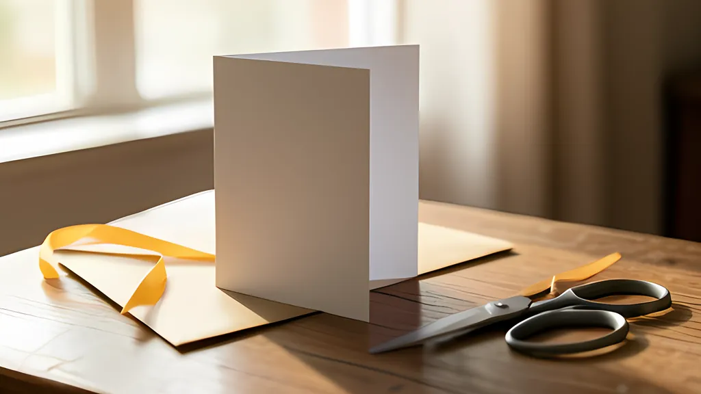 A blank white folded card standing on a wooden desk on a tan envelope, beside a yellow ribbon and a pair of scissors, in warm window light.