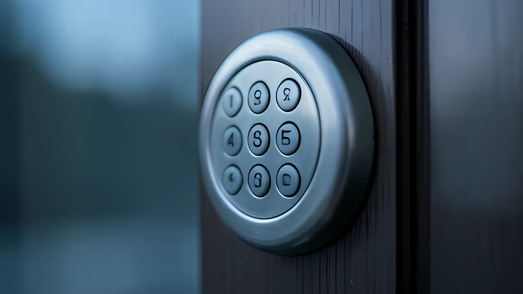 A round brushed-metal keypad with nine round buttons mounted on a dark door, in sharp focus against a blurred blue evening background.