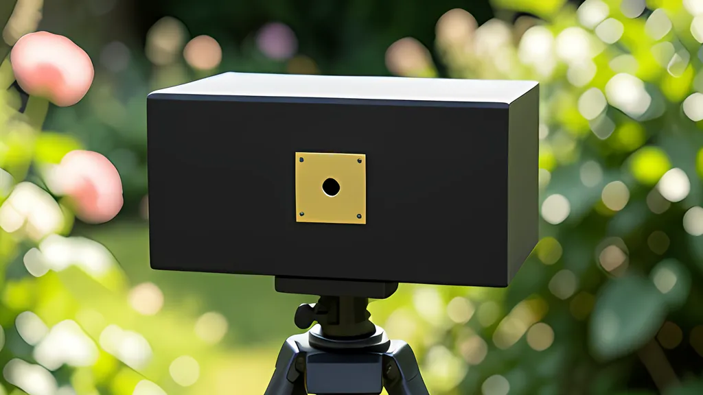 A plain matte black wooden box camera with a pin-sized hole in a small brass plate on its front, standing on a tripod in a sunny garden