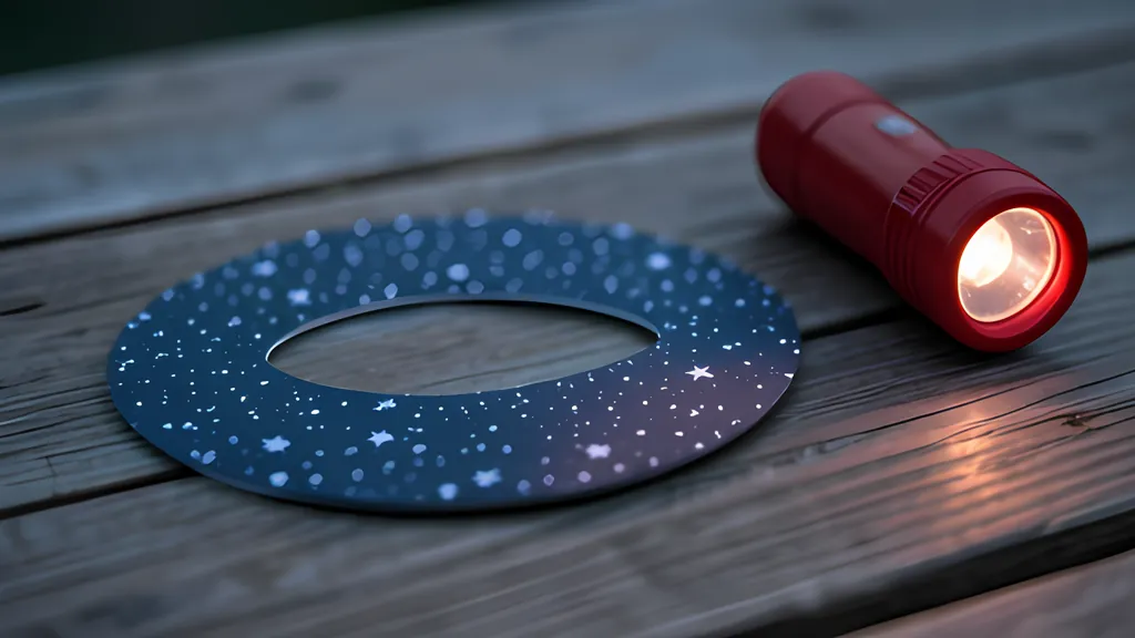 A dark blue paper disc speckled with white stars, an oval window cut from its middle, lying on a weathered wooden table beside a red flashlight at dusk